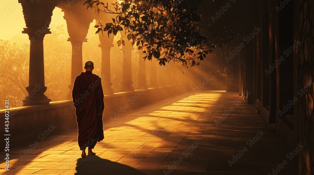 Fototapeta premium Discover Inner Peace: Meditation and Mindfulness at Sunrise in a Sacred Temple