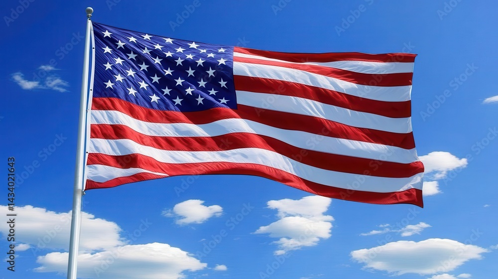 American flag waving against blue sky with clouds. A vibrant American flag with fifty shiny stars and thirteen horizontal stripes proudly waves against a clear blue sky with puffy. American flag waving against blue sky with clouds. A vibrant American flag with fifty shiny stars and thirteen horizontal stripes proudly waves against a clear blue sky with puffy.