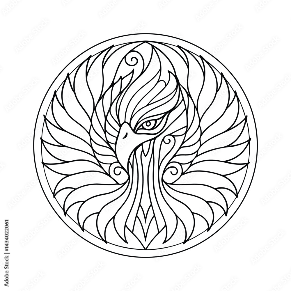 Circular phoenix bird design with decorative elements and sharp lines outline vector illustration for coloring pages Circular phoenix bird design with decorative elements and sharp lines outline vector illustration for coloring pages