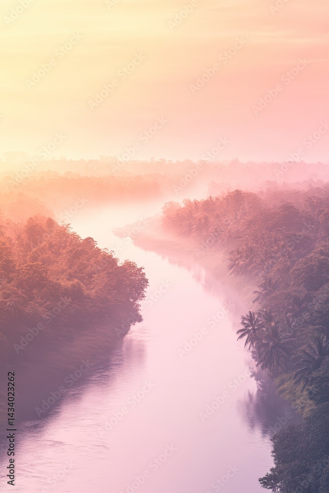 Fototapeta premium Misty River Sunrise Pastel Hues over Tropical Foliage