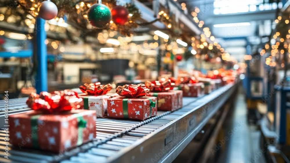 Christmas presents on a conveyor belt, decorated with lights, ornaments, and bows in an industrial factory setting for holidays. Christmas presents on a conveyor belt, decorated with lights, ornaments, and bows in an industrial factory setting for holidays.