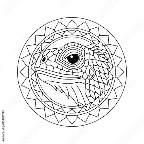 Bearded dragon mandala illustration ornamental reptile design animal outline tattoo style coloring page exotic pet black and white vector