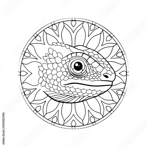 Detailed line art of iguana head in mandala style reptilian coloring page intricate design ornamental circle
