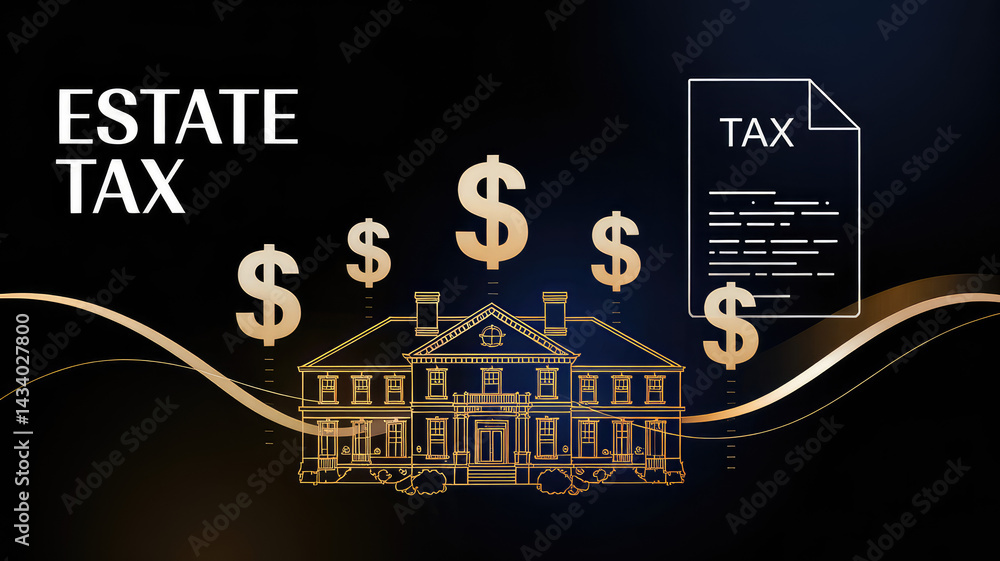 Fototapeta premium Estate Tax: A conceptual image of a luxurious house surrounded by dollar signs. The word 