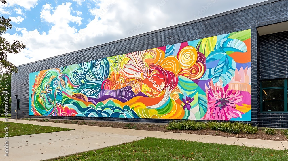 Fototapeta premium Vibrant Wall Mural Art Displaying Abstract Colors and Patterns in Urban Environment