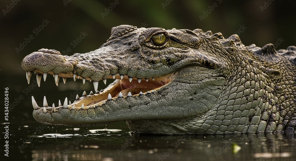 Fototapeta premium Magnificent Crocodile Portrait Featuring Open Mouth Revealing Sharp Teeth Closeup