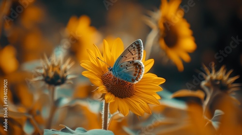 A vibrant butterfly is perched on a sunflower. The colors of nature blend beautifully in this image. Explore the beauty of insects and flowers. Generative AI