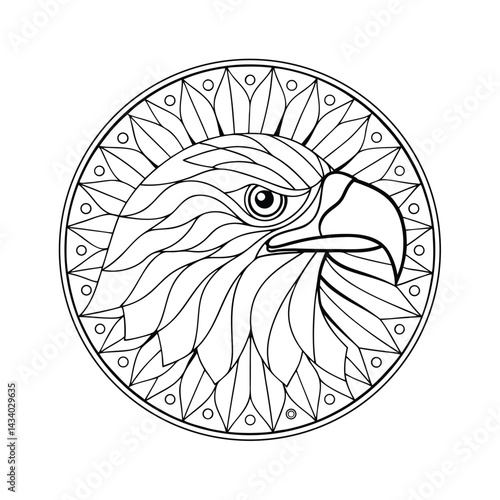 Decorative line art eagle head design with circular frame black and white coloring page concept