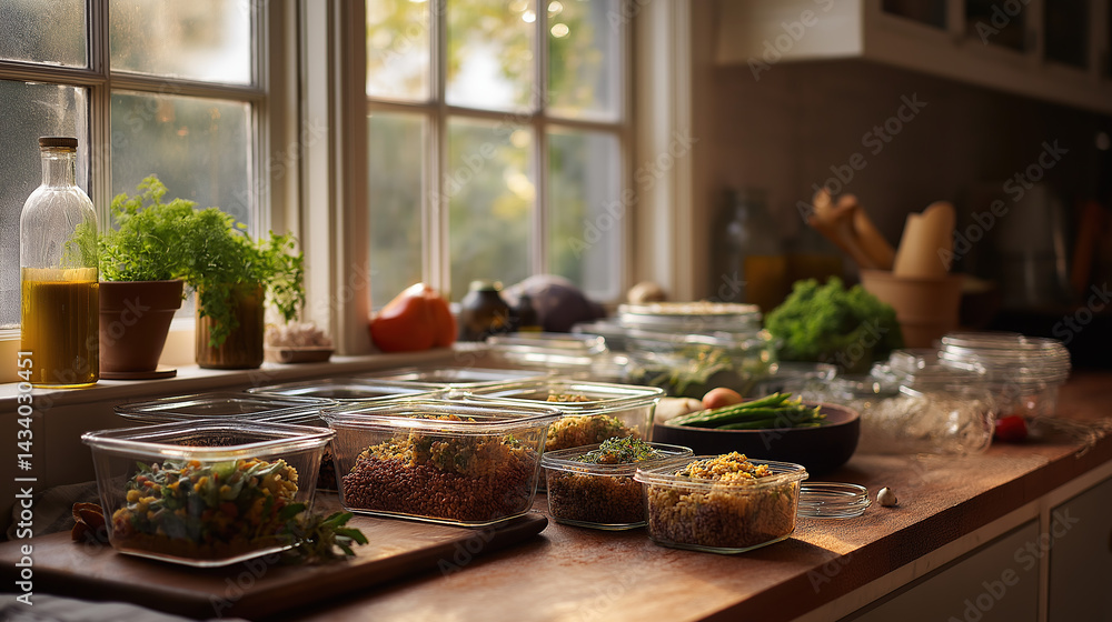 meal prep with sunlit kitchen counter