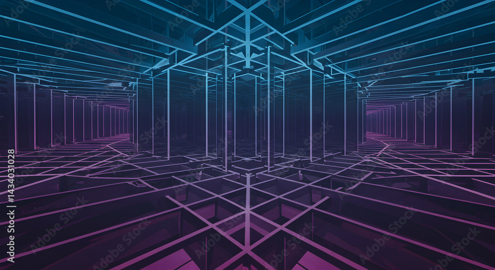Fototapeta premium Futuristic Virtual Reality Tunnel with Glowing Neon Lines and Grid Pattern