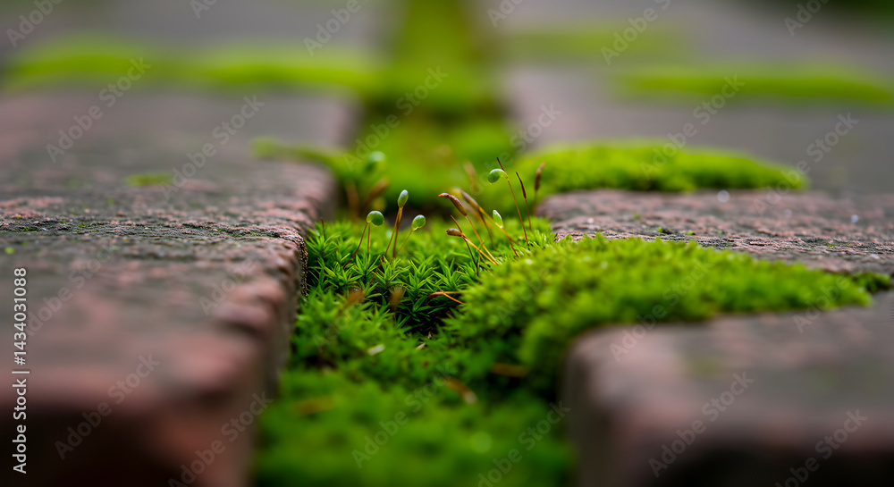 Fototapeta premium Tiny Green Moss Growing Between Old Brick Pavers Texture View