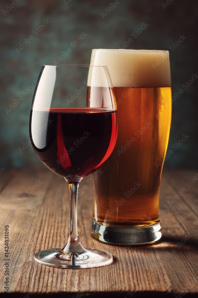 Elegant still life featuring a glass of red wine and a pint of golden beer on rustic wood table capturing a mood of relaxation and indulgence with a dark background Elegant still life featuring a glass of red wine and a pint of golden beer on rustic wood table capturing a mood of relaxation and indulgence with a dark background