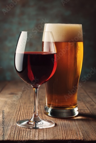 Elegant still life featuring a glass of red wine and a pint of golden beer on rustic wood table capturing a mood of relaxation and indulgence with a dark background
