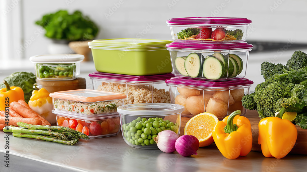 Assorted Fresh Vegetables and Food Storage Containers