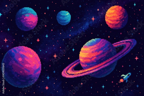 Obraz na płótnie Cosmic Odyssey: Vibrant Planets and Spaceship in Pixel Art for Digital Design w salonie