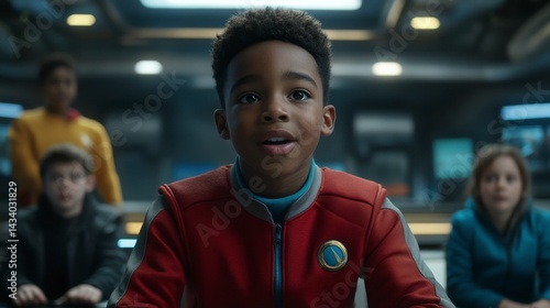 Young Boy Addresses Team in Futuristic Setting