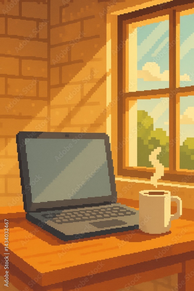 Cozy Morning Workspace with Laptop and Coffee in Sunlit Room for Relaxed Productivity