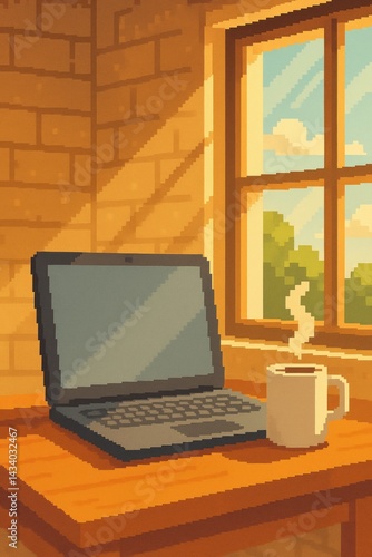 Obraz na płótnie Cozy Morning Workspace with Laptop and Coffee in Sunlit Room for Relaxed Productivity w salonie