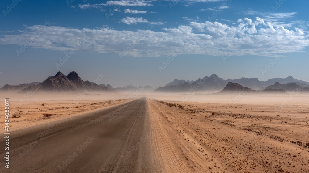 Desert road stretching to distant mountains under a hazy sky creating a sense of adventure and isolation in a vast arid landscape with a clear perspective Desert road stretching to distant mountains under a hazy sky creating a sense of adventure and isolation in a vast arid landscape with a clear perspective