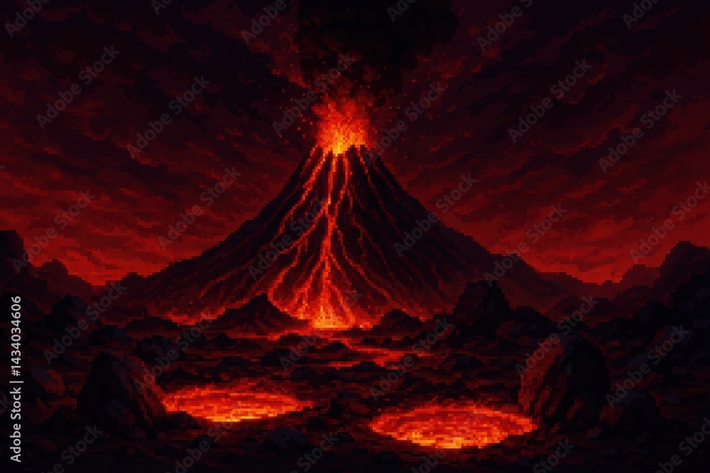 Dramatic Pixel Art Volcano Eruption Scene for Poster or Digital Design