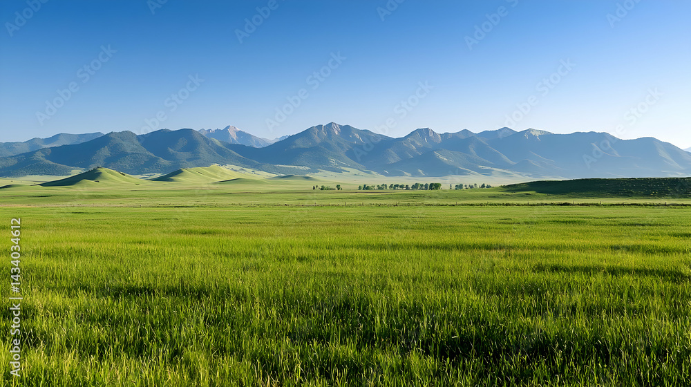Panoramic View of Green Fields with Mountain Range under Clear Blue Sky Sunlight Shines on Rural Landscape Panoramic View of Green Fields with Mountain Range under Clear Blue Sky Sunlight Shines on Rural Landscape