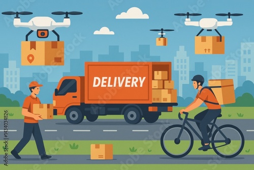 Obraz na płótnie Dynamic Delivery Methods: Drones, Trucks, and Cyclists for Efficient Urban Logistics w salonie