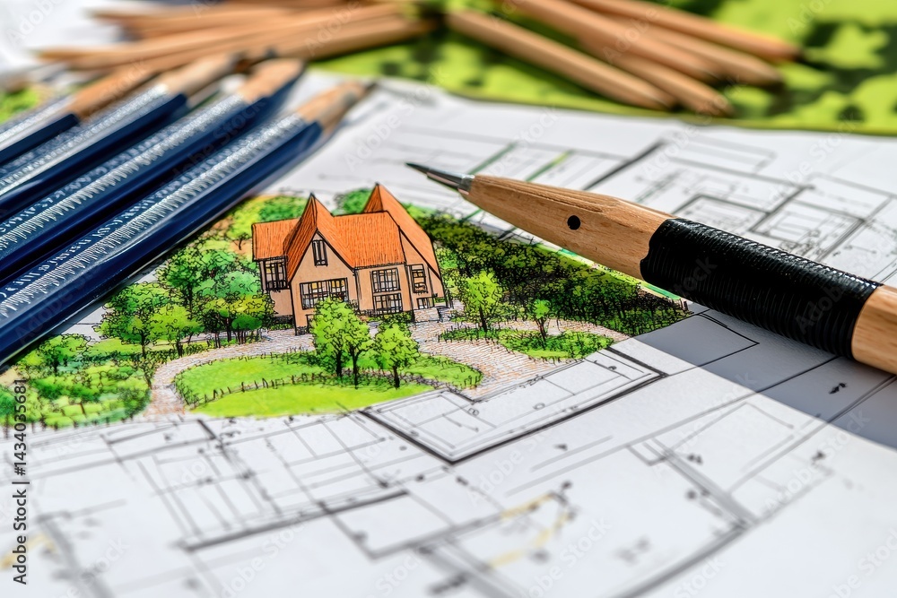 custom made wallpaper toronto digitalArchitectural plans, house design, and landscape. Detailed blueprints with a miniature house and landscaping illustration. Pencils, drawing tools, and papers are visible