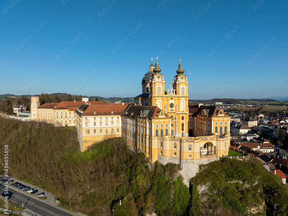 Benedictine abbey in Melk, Austria. Aerial view with copy space