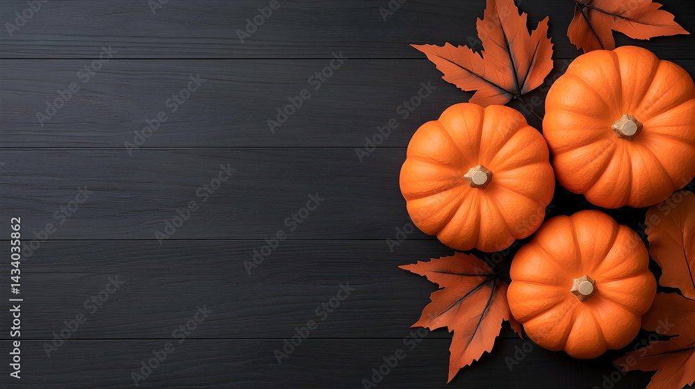 Autumn Pumpkins and Fall Leaves on Rustic Dark Wood Background Autumn Pumpkins and Fall Leaves on Rustic Dark Wood Background