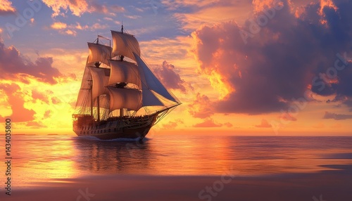 Wallpaper Mural Golden sunset, sailing ship on calm sea Torontodigital.ca