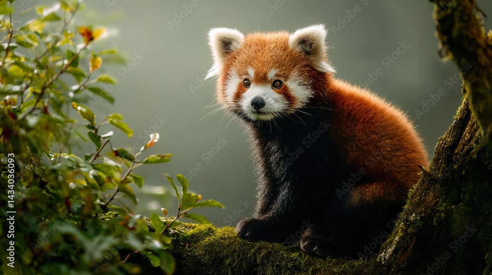 Naklejka premium Adorable Red Panda Perched on Mossy Tree Branch Captivating Wildlife Scene Enchanting Animal Kingdom Discovering Natural Habitat Cute Creature in Forest Ambiance lowercase 