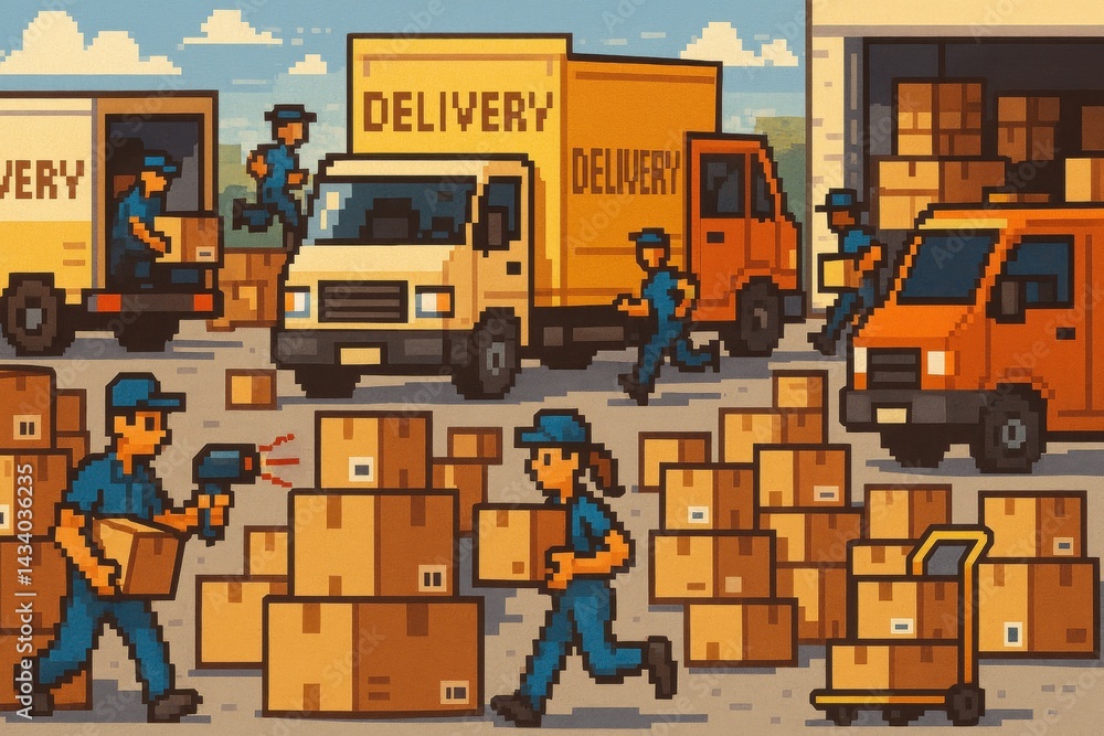 Efficient Pixel Art Delivery Hub with Couriers and Trucks Unloading Packages for Logistics Concept