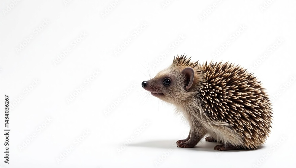 Obraz premium A solitary hedgehog, facing right, against a stark white backdrop, pet, animal
