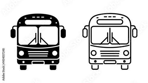 Bus Icon Duo: Two stylized bus icons, one solid and the other outlined, presented against a stark, minimalist backdrop, perfect for modern design and travel-themed projects.