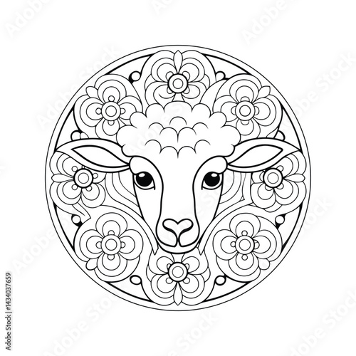Sheep head mandala with floral ornament coloring page black and white vector illustration