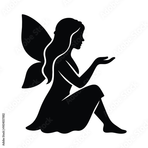 Sitting fairy silhouette with hand outstretched, Fairy silhouette design with graceful pose
