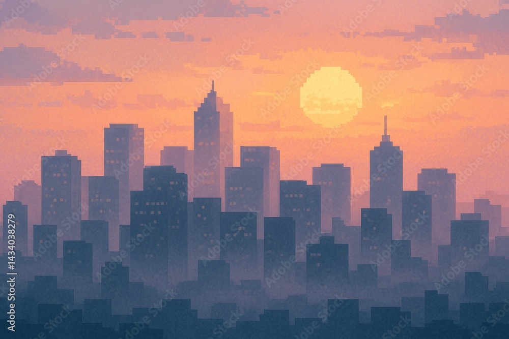 Fototapeta premium Foggy Downtown Skyline at Sunrise with Pixel Art Aesthetic - Serene Urban Landscape