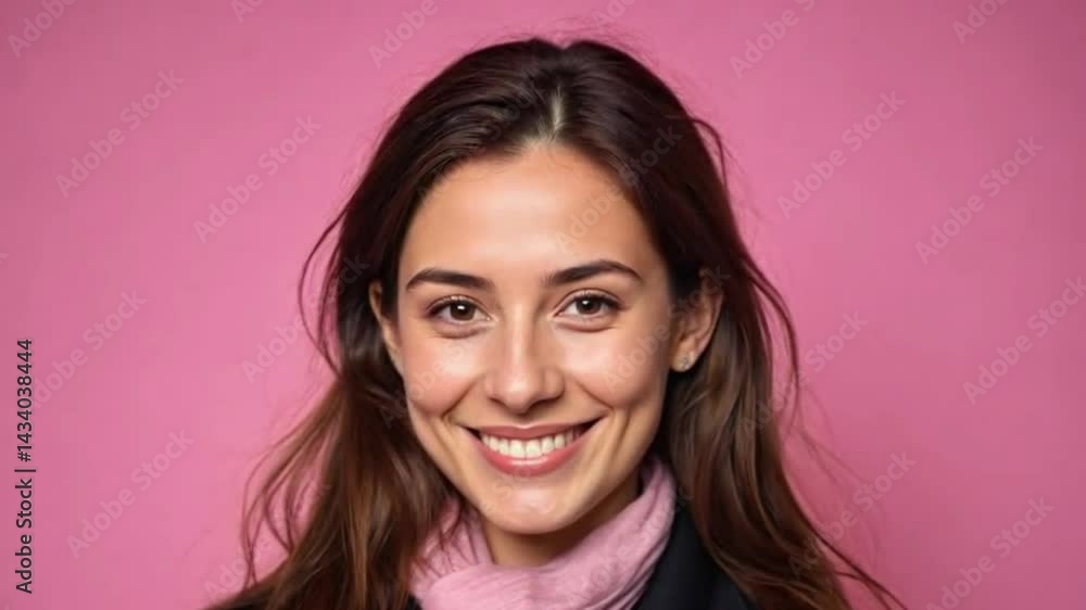 Smiling Woman playing with her hairs in pink background Smiling Woman playing with her hairs in pink background