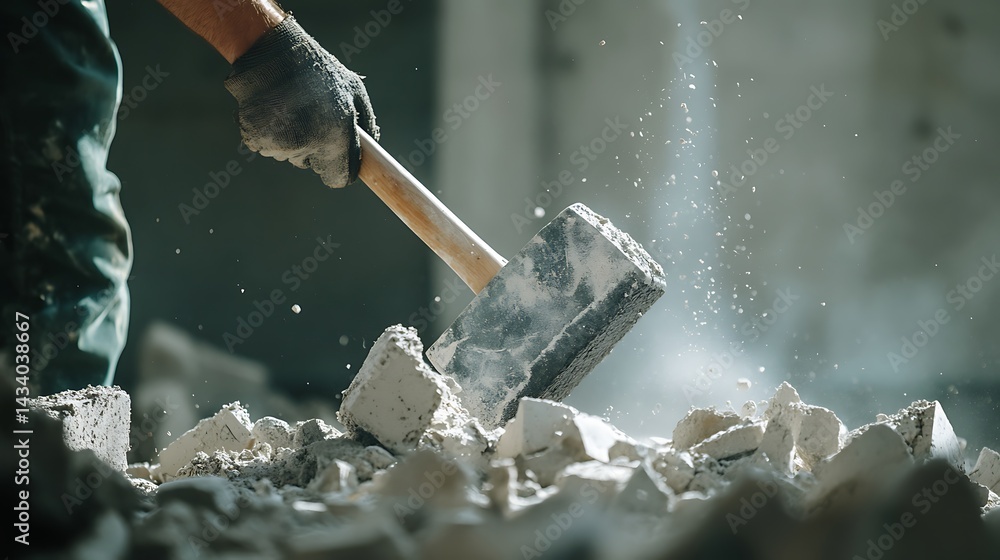 Construction Worker Using a Sledgehammer to Break Concrete