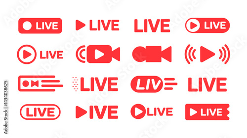 Live Stream Icon Set: A comprehensive collection of various red live stream icons, representing different styles for video broadcasting and online streaming purposes.