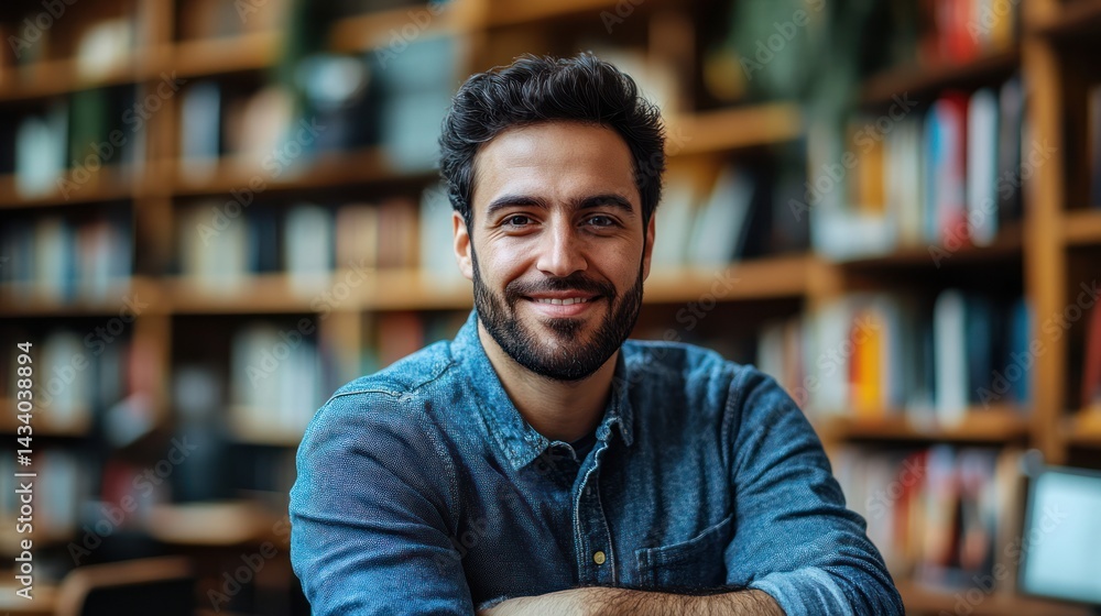 Smiling man library bookshelves studying education Smiling man library bookshelves studying education
