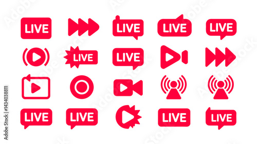 Live Streaming Icons: A dynamic collection of vivid red live streaming icons and symbols, representing the core elements of real-time broadcasting.