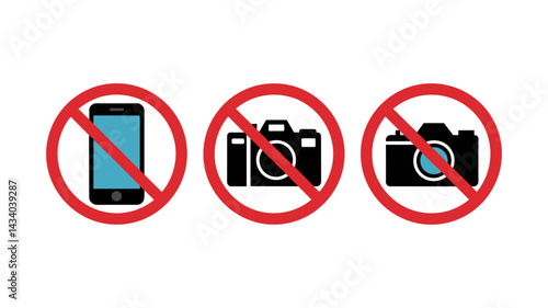 Free Download No Photo and Phone Allowed: A striking visual warning against photography and mobile phone use, featuring three distinct signs: a crossed-out smartphone, and two versions of a crossed-out camera. - GFXLoad