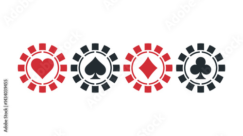 Poker Chips: A close-up shot of poker chips featuring heart, spade, diamond, and club suits, embodying the game of poker and casino culture