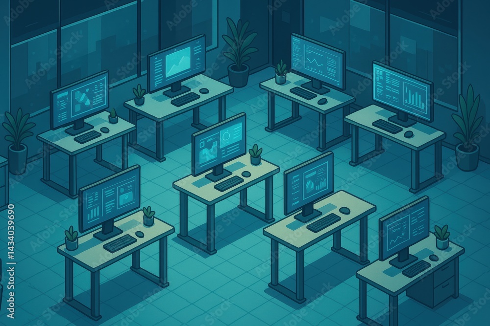 Futuristic Office Design for Modern Workspaces with High-Tech Pixel Art Aesthetic