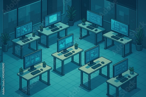 Futuristic Office Design for Modern Workspaces with High-Tech Pixel Art Aesthetic