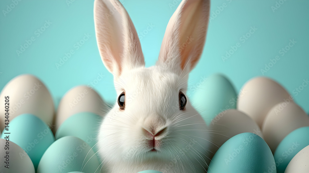 Fototapeta premium White Easter Bunny Among Pastel Eggs