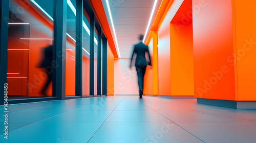 Blurred Figures Walking in a Modern Office Hallway