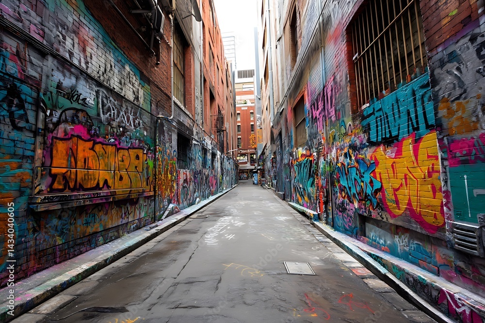 Fototapeta premium City alleyway featuring vibrant graffiti wall art 