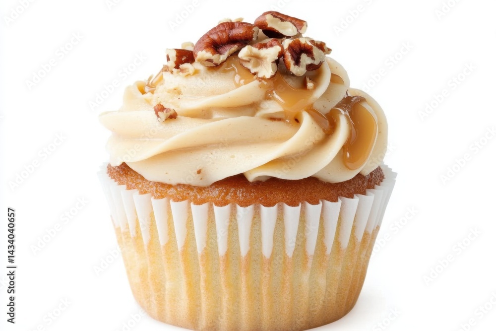 Delicious cupcake with caramel frosting and pecan topping on a white background showcasing sweet indulgence a tempting treat and a delightful dessert Delicious cupcake with caramel frosting and pecan topping on a white background showcasing sweet indulgence a tempting treat and a delightful dessert
